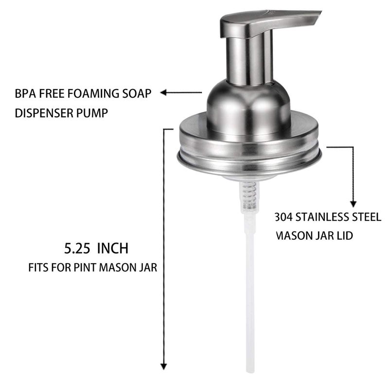 Amolliar Mason Jar Foaming Soap Dispenser Pump Lids, Rustproof Stainless Steel Lid Plastic Pump for Regular Mouth Mason Jar, Kitchen Bathroom Farmhouse Decor, Waterproof Stickers, Brushed Nickel 2Pack - Image 3